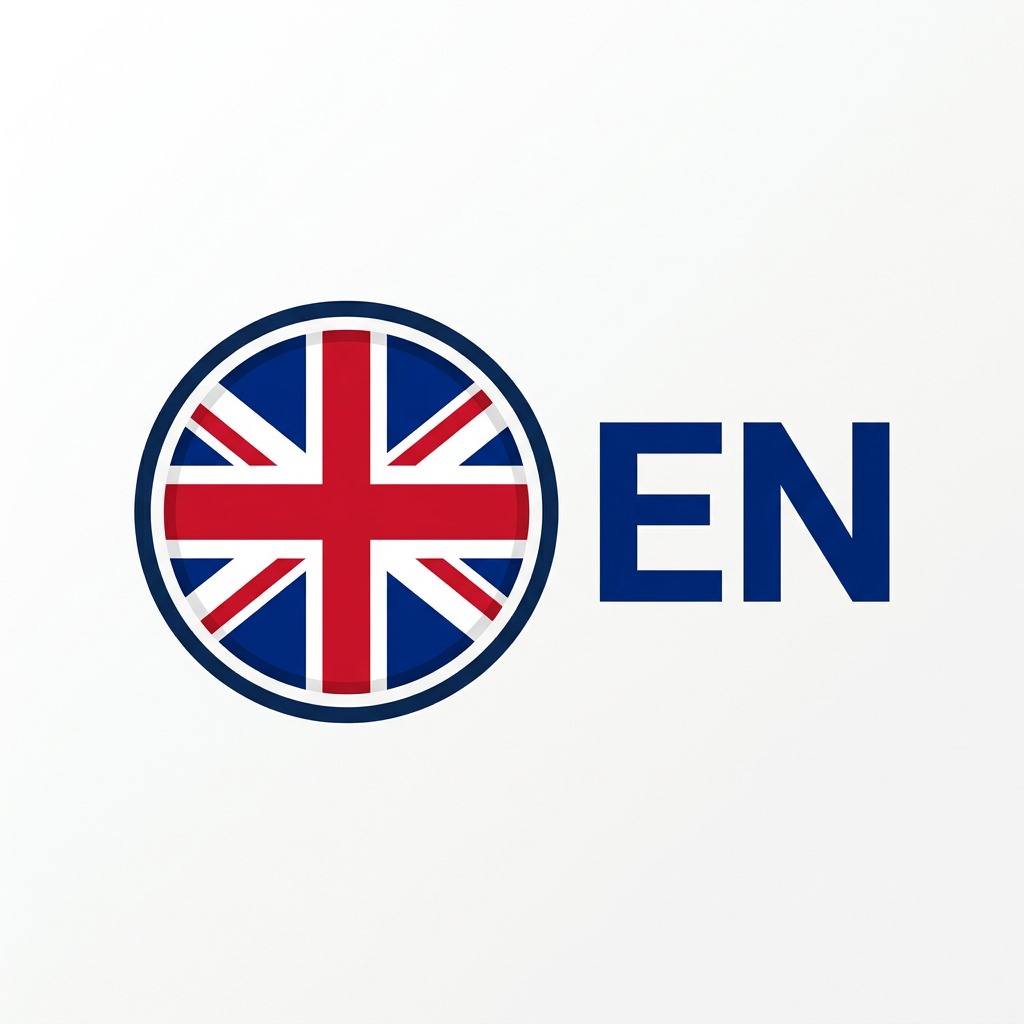 United Kingdom flag inside circle followed by letters EN representing English language